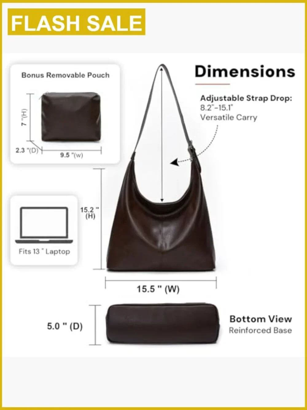 Spacious Slouchy Hobo Bag with Pouch, Adjustable Strap